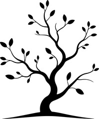 silhouette vector of a single tree branch with multiple offshoots and a few sparse leaves