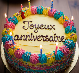 G&acirc;teau color&eacute; avec des bougies et avec &eacute;crit Joyeux anniversaire