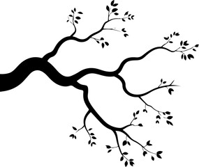 silhouette vector of a single tree branch with multiple offshoots and a few sparse leaves