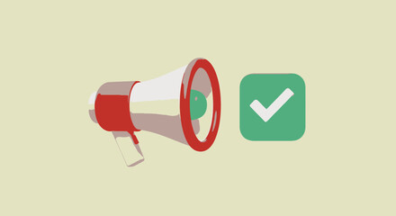 A red and white megaphone next to a green checkmark icon, representing approval.