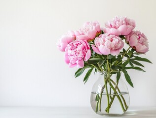 Pink peonies in glass vase on white table with natural light and minimalist white background, elegant floral arrangement with clear details