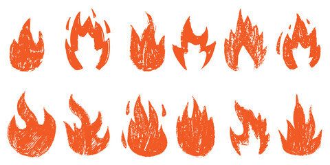 Flame fire crayon chalk doodle sketch vector illustration. Burning punk rock rough grunge elements collection isolated on white background. Stickers, print decoration.