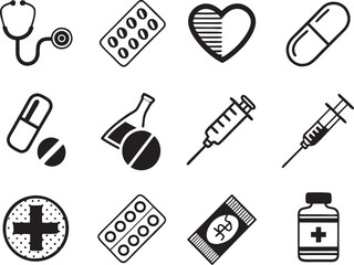 Health Medical Icons in Silhouette on White Background  Premium Vector Set