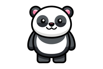 Naklejka premium Adorable cartoon illustration of a standing panda with big round eyes, blushing cheeks, and a happy smile, set against a soft pastel background.