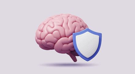 Pink 3D brain model protected by a blue shield, representing brain health and security.