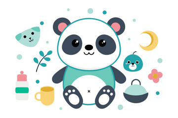 Adorable cartoon illustration of a standing panda with big round eyes, blushing cheeks, and a happy smile, set against a soft pastel background.