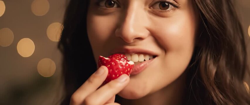 young woman trying the viral Brazilian strawberry of love candy - Morango do Amor