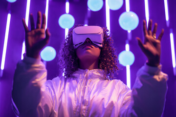 Student using VR headset & AI technology in smart classroom. Artificial intelligence, machine learning, virtual reality in education. Interactive learning, innovation, digital tools, futuristic school