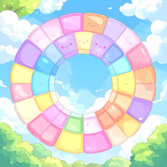 the image is a whimsical, eye level view of a large, ring shaped object comprised of pastel colored, square elements floating in the sky