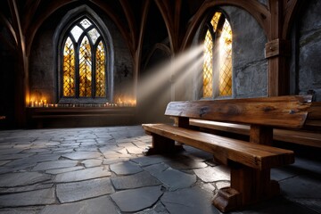 Serene Empty Church Interior with Wooden Pews and Warm Light