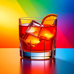 the image features a short, clear glass filled with a ruby colored liquid and several clear ice cubes. a thin slice of citrus fruit garnishes the rim of the glass