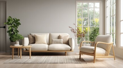 Obraz premium Light-filled living room with a neutral color palette, featuring a comfortable sofa and armchair, wooden accents, and a large window
