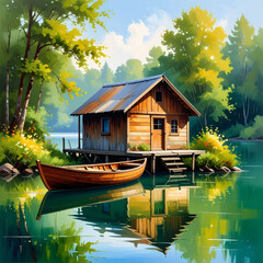 the image showcases a wooden cabin situated on the water's edge, surrounded by lush trees. a small wooden boat rests near the cabin, its reflection mirrored in the calm waters