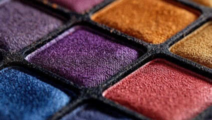 Fototapeta premium Close-up of a makeup eyeshadow palette. Colorful squares of powder eyeshadow in a black plastic case. Visible texture and slight dust