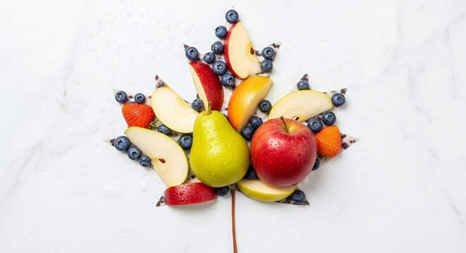 Creative Maple Leaf Design Made of Canadian Fruits on White Background