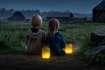 Children Enjoy Summer Nights in the Countryside with Fireflies
