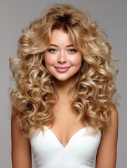 Hair care and hair styling Smiling woman with blonde curly hair Young woman with voluminous blonde curls and smile.