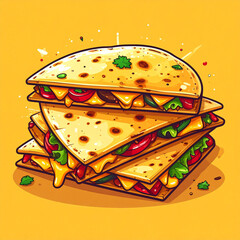 a stack of folded flatbread triangles filled with savory ingredients is the focal point against a solid colored background