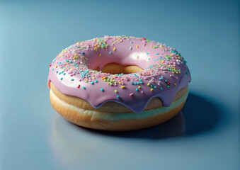 Close-up of a freshly baked donut topped with glossy pink icing and colorful sprinkles, set on a smooth blue background. Ideal for food photography, dessert, and baking-themed designs.