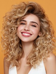 Hair care and hair styling Smiling woman with blonde curly hair Smiling woman with curly hair on yellow background.