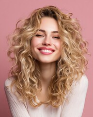 Hair care and hair styling Smiling woman with blonde curly hair Smiling woman with curly hair on pink background.