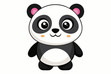 Adorable cartoon illustration of a standing panda with big round eyes, blushing cheeks, and a happy smile, set against a soft pastel background.