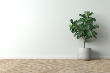 Minimalist interior scene with a potted plant.  A clean, bright room with a white wall, light wood herringbone floor, and a single potted plant in a gray pot