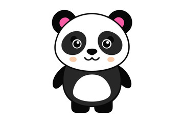 Adorable cartoon illustration of a standing panda with big round eyes, blushing cheeks, and a happy smile, set against a soft pastel background.