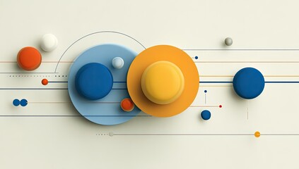Abstract graphic design with overlapping circles and spheres in pastel colors, connected by thin lines and dots