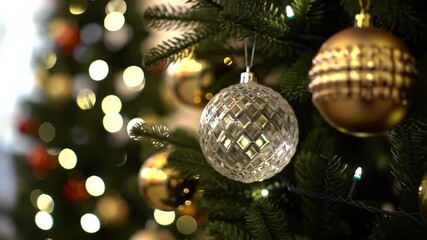 Elegant Christmas Tree Adorned With Gold and Silver Baubles Glittering Lights Create a Festive Atmosphere - Powered by Adobe