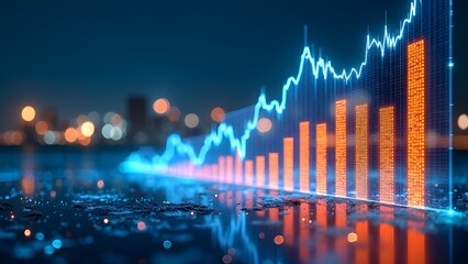 Futuristic financial growth chart with glowing data analytics over a night city background