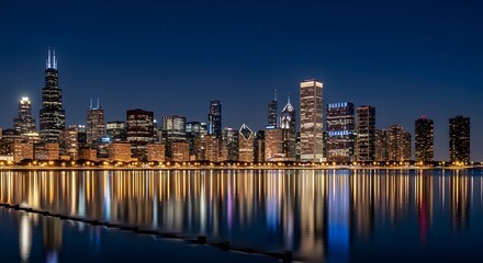 Fototapeta premium Chicago Skyline: City Lights Lake Michigan Night Reflection