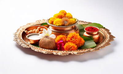 Beautifully Decorated Pooja Thali for festival celebration to worship, rice grain and kumkum, flowers, hindu puja thali.
