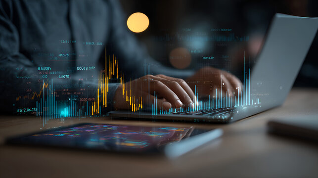 Data Analyst at Work: Close-up of hands typing on a laptop keyboard with holographic financial data overlays, suggesting advanced analysis and market insights.