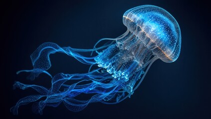 A mesmerizing jellyfish gracefully drifts in the deep ocean, its translucent form illuminated by ethereal blue light, creating a captivating underwater spectacle.
