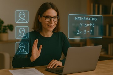 Female math teacher conducting online class with digital students and virtual algebra equations on screen

