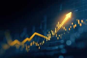 Abstract financial chart with upward trend.  A glowing, golden upward arrow highlights a rising trajectory on a complex background of  financial data, suggesting growth and prosperity