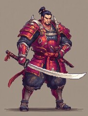 Fototapeta premium A fierce warrior stands proudly, adorned in detailed red armor decorated with golden accents. He grips a katana firmly, embodying strength and readiness for battle.