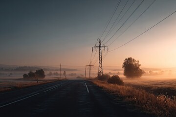 Sunrise over a misty road with power lines