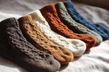 A Collection of Cozy Knitted Socks in Various Colors Displayed on a Soft Fabric Surface.