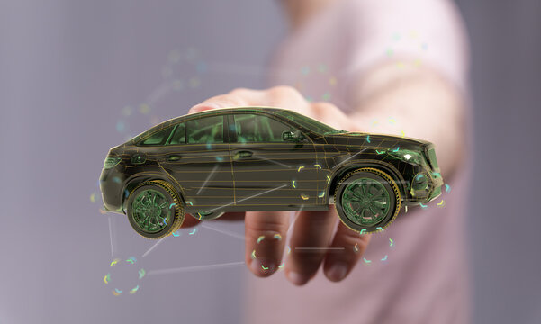 Futuristic digital car model in hand. Represents innovation in automotive technology. - Powered by Adobe