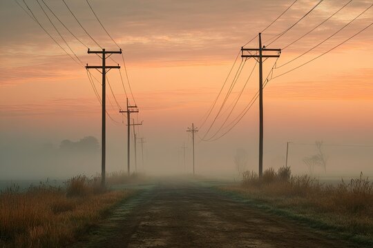 A misty rural road at dawn, with power lines stretching into a soft orange sunrise