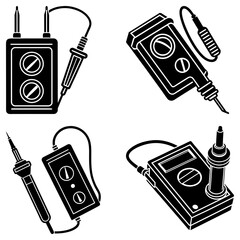 Illustration of four black and white soldering irons and multimeter set for electronics work and repair