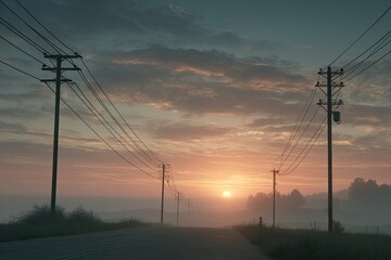 Misty rural road at sunrise, power lines stretching across