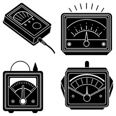 Illustration of four black and white analog meters with various styles and needle positions displayed here