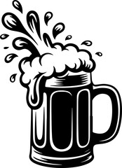 silhouette vector of beer foam splashing out of a mug, dynamic droplets and bubbles 