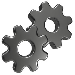 This image features two 3D gray gears, rendered in a realistic, metallic style, against a solid black background.