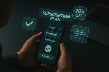 User selecting subscription plan on smartphone with tiered pricing options and digital discount interface
