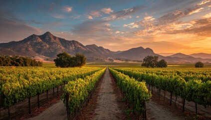 Fototapeta premium A picturesque vineyard stretches towards distant mountains under a vibrant sunset sky, showcasing the beauty of rural agriculture and scenic landscapes.