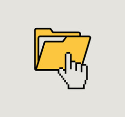 This digital illustration depicts an interactive folder icon with a hand cursor indicating action, symbolizing organization and digital storage in a modern user interface context.